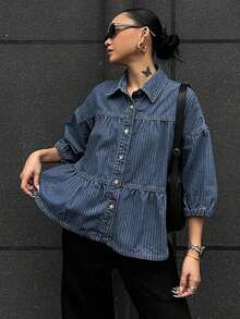 Blusa vaquera holgada de mujer con cuello vuelto y mangas abullonadas - Azul - Ver 5