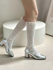 1 Pair Women's White Bohemian Tassel Socks, Solid Color Thin Knit Hollow Out Mid-Calf Socks, Fashion Comfortable Breathable, Versatile Daily Wear - White - View 6