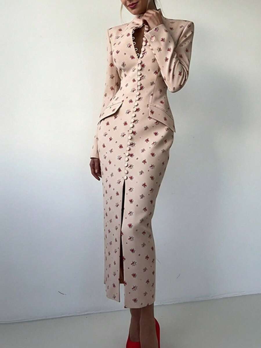 Vestido midi lunares primavera 2026, con botones, abertura y corte ajustado - Rosa - Ver 1