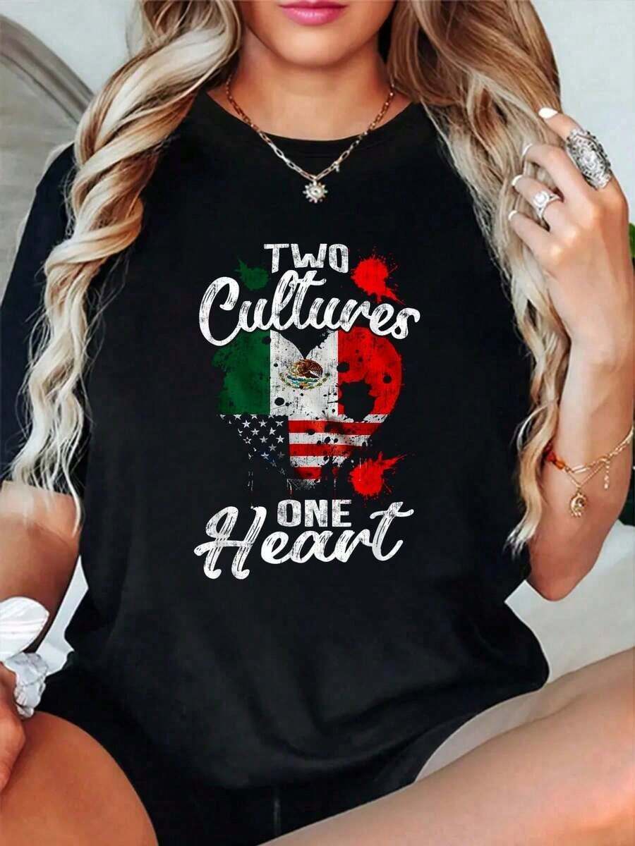 Camiseta Gráfica Unisex de Algodón, Dos Culturas Un Corazón, Usa, América, México, Mexicano Americano, Ropa Vintage para Mujer, Nueva Moda de Otoño, Tops Negros para Mujer, Playeras de Mujer - Negro - Ver 1
