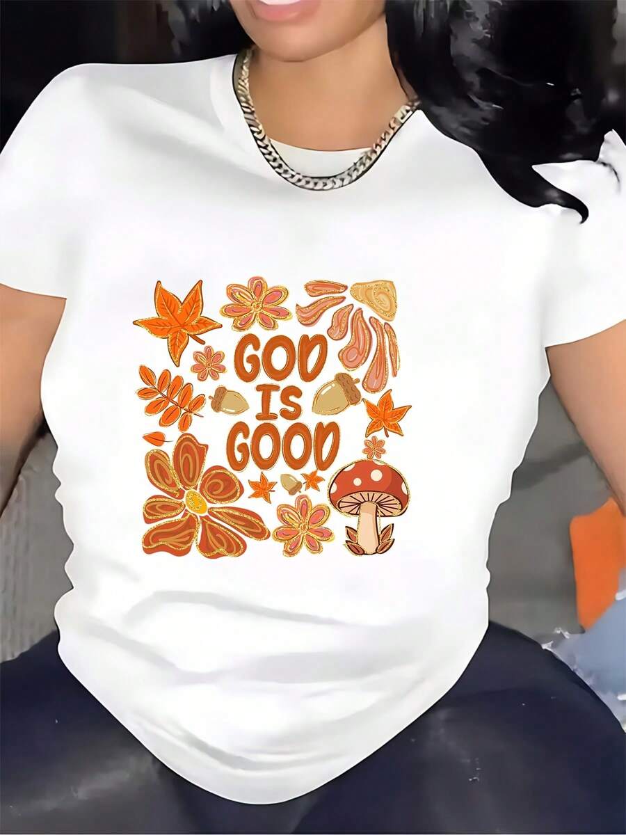 1 camiseta de 180 g con estampado floral "God is Good" - Un regalo familiar cómodo, adecuado para fiestas navideñas y actividades de team building. 180 g 100% algodón. - Blanco - Ver 1