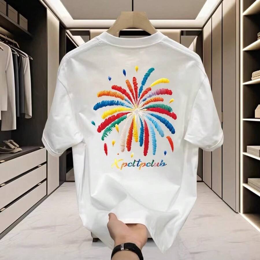 Camiseta de manga corta de estilo americano, cuello redondo, de algodón grueso, nuevo modelo unisex, marca de moda, camiseta básica estilo ins. GZNC - 250 g de algodón puro - blanco fuegos artificiales - Ver 1