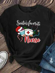 Camiseta unisex casual holgada de manga corta con temática de gorro de enfermera navideño, top de moda de verano con estampado y cuello redondo - Negro - Ver 2