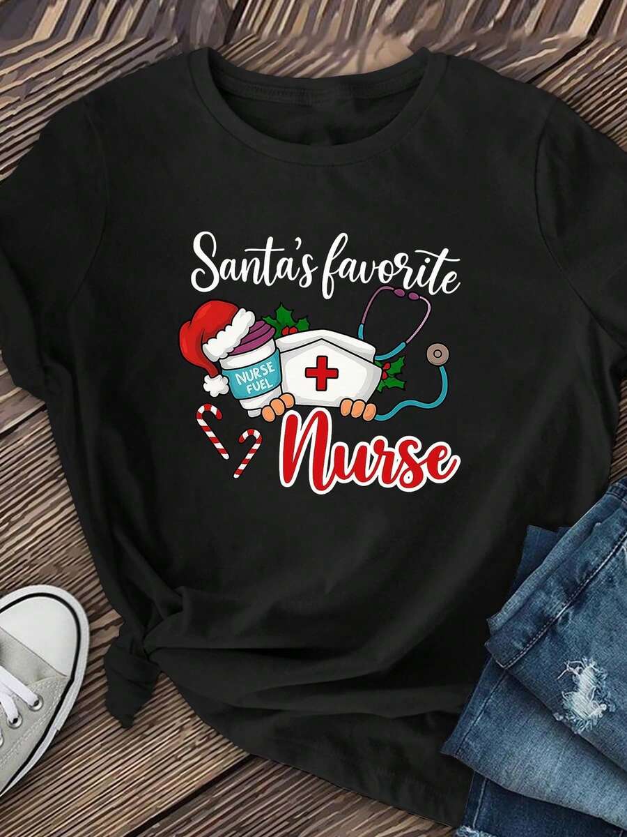 Camiseta unisex casual holgada de manga corta con temática de gorro de enfermera navideño, top de moda de verano con estampado y cuello redondo