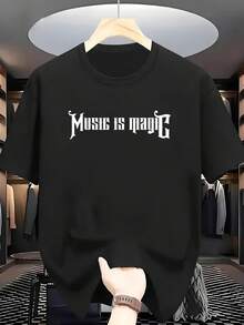 Camiseta de Algodn 100% para Hombres Talla Grande con Estampado "La Msica es Magia" - Cuello Redondo Suave, Manga Corta, Casual para Verano, Adecuada para s & - Lavable a M£quina, Ropa Casual con Tem£tica Musical, TALLA GRANDE - Negro - Ver 2