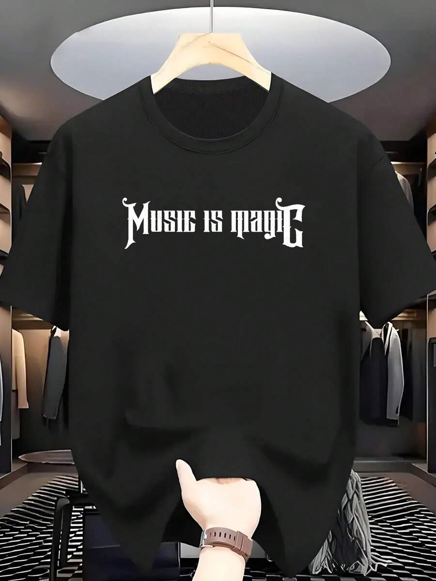 Camiseta de Algod￳n 100% para Hombres Talla Grande con Estampado "La M￺sica es Magia" - Cuello Redondo Suave, Manga Corta, Casual para Verano, Adecuada para s & - Lavable a M£quina, Ropa Casual con Tem£tica Musical, TALLA GRANDE