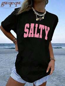 Women's 100% Cotton Short-Sleeve Graphic T-Shirt With Double Print "If I'm In A Bad Mood, Please Go Back To The Beach" And "Salty" Women's Casual Oversized Summer T-Shirt | Summer Clothes | Holiday Outfits - 黑色 - 查看 2