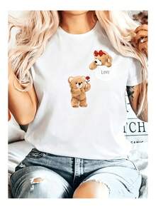 1 pieza de ropa de mujer para el Día de San Valentín, camiseta negra con estampado de oso de peluche, camisas, top blanco, camisetas gráficas para mujer, camiseta unisex casual de cuello redondo, tela de punto ligera de 220 g/m², lavable a máquina, para primavera/verano/otoño, Día de San Valentín, Navidad, Día de la Madre. - Blanco - Ver 7