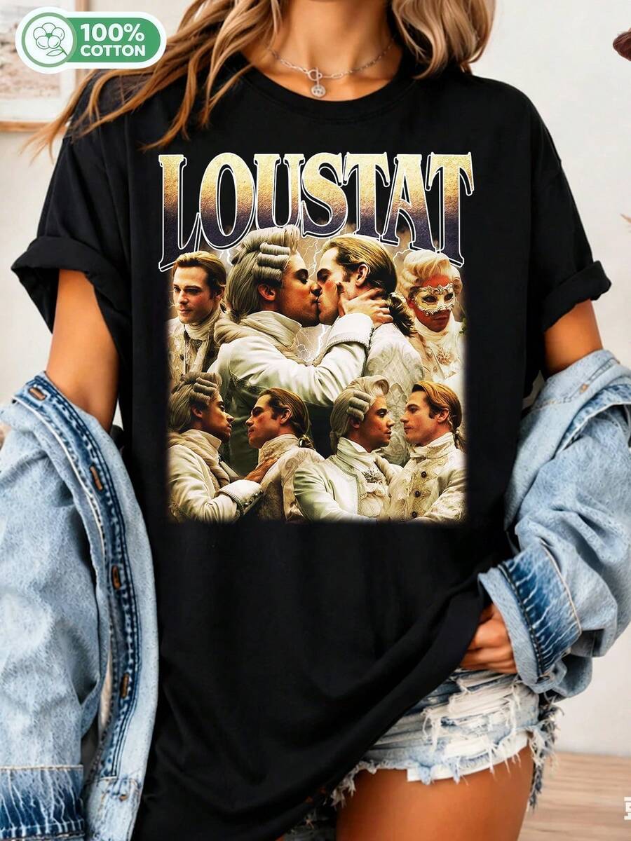 Vintage Unisex T-Shirt Featuring Interview Vampire Loustat, Vampire Romance, IWTV, Fantasy Reader T-Shirt, Anne Rice Novels, Loustat T-Shirt, Loustat Fans - Black - View 1