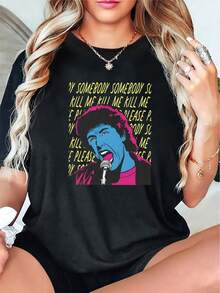 Ropa de moda para mujer, para todas las estaciones, camiseta de merchandising con temática de vocalista de bodas - Negro - Ver 6