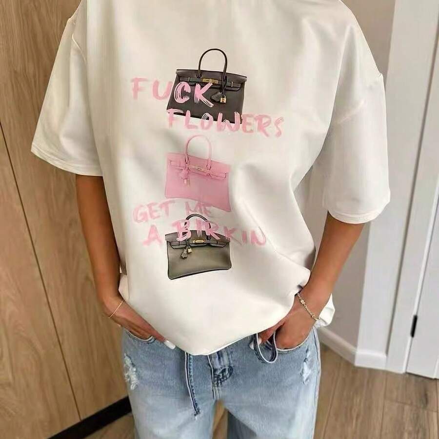 Camiseta de manga corta para mujer, estilo americano, primavera-verano 2026, con diseño estampado de moda, de algodón puro. - Blanco - Ver 1
