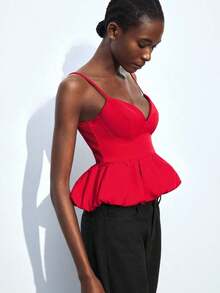 Maija Top de tirantes finos de unicolor con volantes en el bajo, para uso urbano, casual de oficina, elegante para fiestas de Navidad y Año Nuevo, ropa de mujer - Rojo 2 - Ver 5
