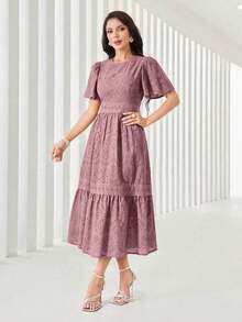 Vestido midi de mujer con cuello redondo, mangas con volantes, bordado y dobladillo con volantes - Rosa vieja - Ver 4