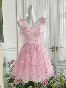 MOD Vestido estilo retro con estampado floral rosa y cinturón con lazo - Rosa - Ver 3