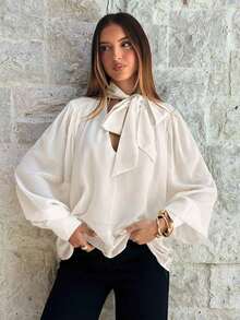 Blusa elegante de gasa con cuello en V profundo y mangas largas con lazo para mujer - Beis - Ver 3