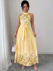 Vestido holgado de verano elegante con estampado floral y cuello halter para mujer - Amarillo - Ver 6