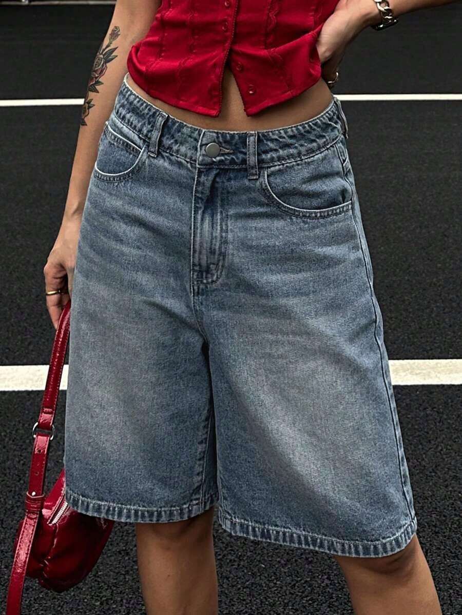 Shorts vaqueros holgados y casuales con bolsillos para mujer - Azul lavado oscuro - Ver 1