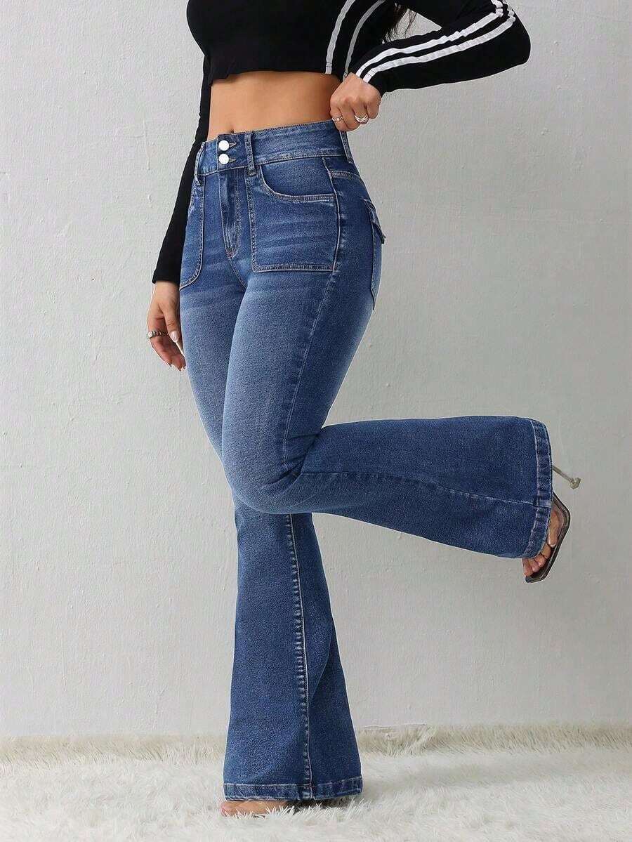 Tall Jeans casuales de mujer, jeans ajustados elásticos acampanados - Azul lavado medio - Ver 1