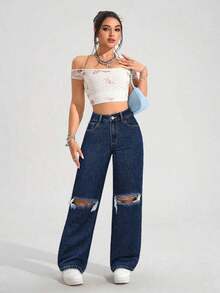 PETITE Vaqueros anchos y holgados de tela vaquera con bolsillos y efecto desgastado, de uso versátil y casual para mujer - Azul - Ver 4