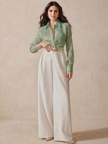 Blusa de manga larga con cuello bordado con cuentas y lentejuelas de lujo francés para mujer, estilizadora y versátil - Verde - Ver 6