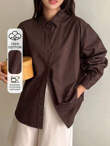 Camisa holgada con botones y hombros caídos, manga larga, ropa de otoño - Marrón Chocolate - Ver 9