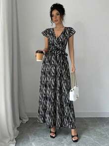 Vestido largo con corte evasé y mangas con volantes, con cintura ajustada, elegante para mujer, apto para todas las estaciones - Negro - Ver 4