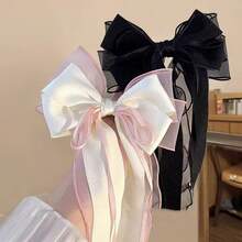 1 Piece Beige Mesh Oversized Bow Wave Ribbon Double-Layer Woven Ribbon Spring Clip Spring Elegant Gentle Half-Up Hair Clip Hair Accessory - Rice - View 1