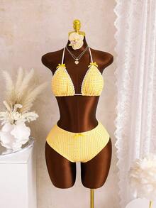 Bộ bikini hai mảnh kiểu yếm tam giác, vải kẻ caro màu cam, ren lượn sóng, chi tiết nơ, đồ bơi hai mảnh dễ thương ngọt ngào dành cho nữ, thích hợp cho kỳ nghỉ biển, tiệc bể bơi và bơi lội mùa hè. - Nhiều màu - Xem 4