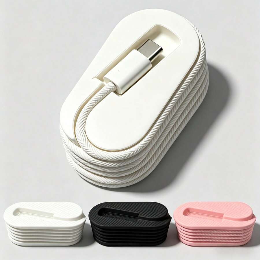 Organizador de cables impreso en 3D compacto, compatible con dispositivos Apple - Enrollador de cable USB-C trenzado & de goma portátil de 1M, accesorio de escritorio para viaje, oficina y hogar - Ver 1