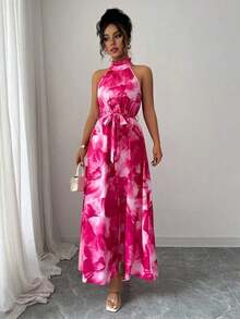 Vestido con estampado floral elegante, adecuado para ir al trabajo y para vacaciones en la isla - Rosa Fucsia - Ver 3