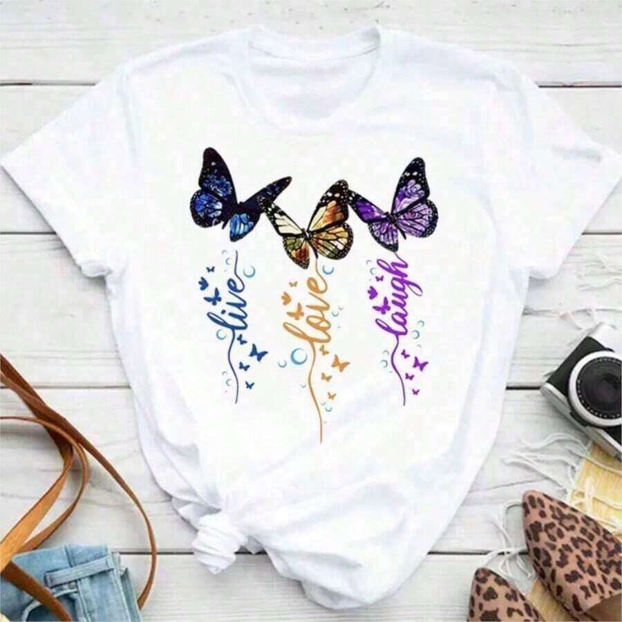 Women's T-Shirt With Colorful Butterfly And Petal Print For A Super Happy Summer, Fashionable Short Sleeve Round Neck T-Shirt, Cute Cartoon T-Shirt For Women, Women's Clothing - 珊瑚玫瑰 - 查看 1