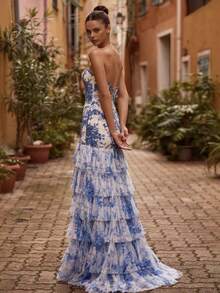 Vestido sin tirantes estampado look sensual - Azul - Ver 2