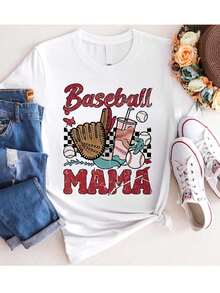 1 Women's Pure Cotton White T-Shirt: "Baseball Mom" Sports Themed Illustration, 180g, 100% Cotton - 白 - 查看 1