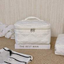Stylish QuiltedSimple White Shell Pattern Design Makeup Pouch, A Fashionable And Portable Storage Solution. This Multifunctional Bag Offers Ample Space For Travel Essentials, Including Toiletries, A Tote For Your Phone, And Compartments For Coins And Small Items - White - View 10