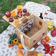 Premium 4-Person Wicker Picnic Basket Set |   30L Insulated Willow Hamper With Removable Bamboo Wine Table |   Professional Outdoor Dining Kit With Waterproof Blanket & Stainless Steel Cutlery - M dành cho 2P-Lá - Xem 4