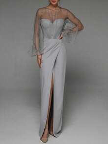 Vestido ajustado con perlas escote bandeau estilo sensual - Gris - Ver 7