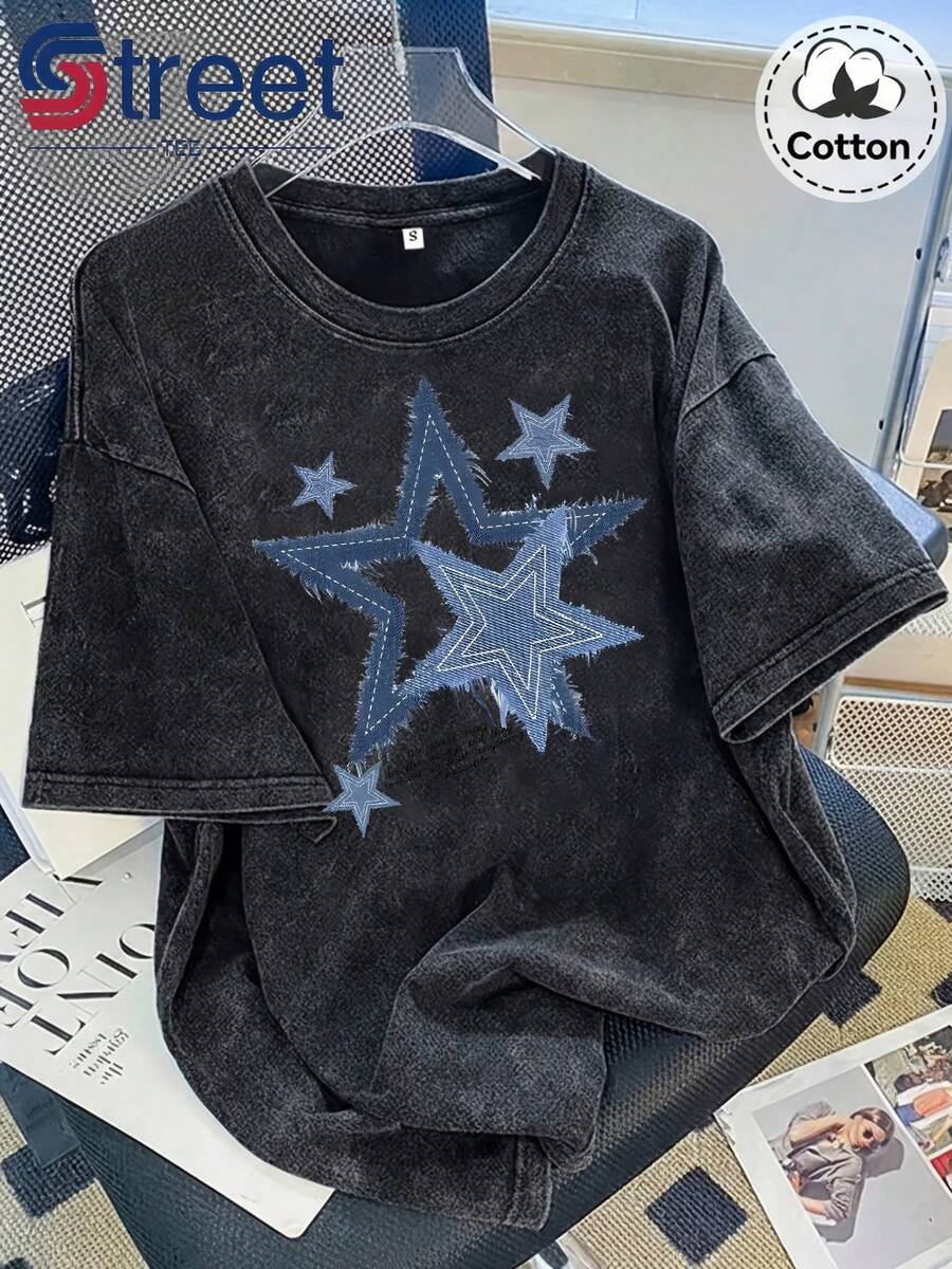 1 Piece Of Vintage Summer Washed Cotton Short Sleeve T-Shirt, American Style With Frayed Edges And Star Print, Plus Size Top For Women, Loose Fit, Dropped Shoulders, Round Neck, Oversized Style, Comfortable And Fashionable, Versatile For Everyday Wear, Y2k Women's Clothing, 100% Cotton 180g. - 黑色 - 查看 1