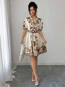 Conjunto de vestido corto de manga corta con cintura ceñida y estampado floral azul y blanco, elegante y romántico para vacaciones, primavera/verano - Multicolor 5 - Ver 7