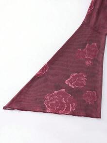 Set de 2 piezas con parte superior tipo bandeau con estampado de rosas y falda de sirena (estampado irregular) para mujer - Rosa Roja - Ver 5