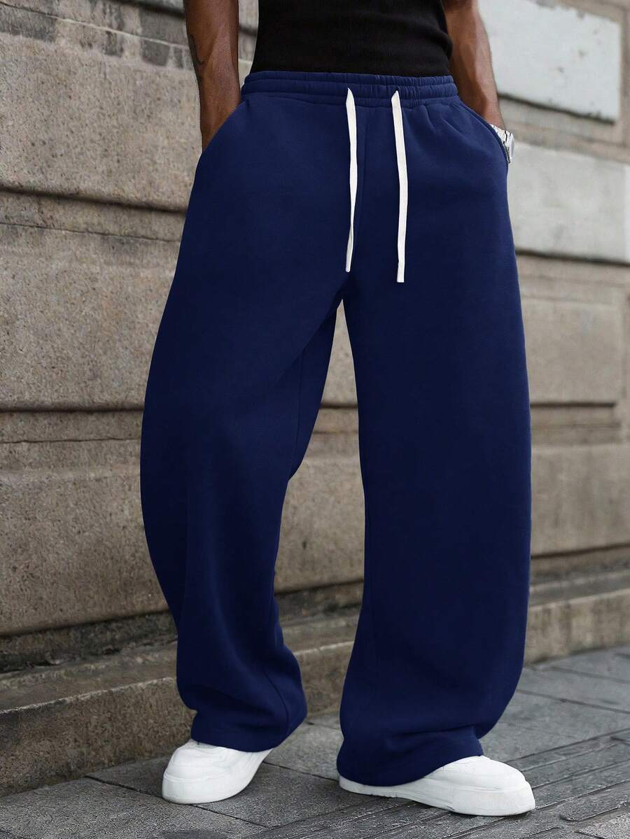 Spring And Autumn New Men's Long Pants - Solid Color, Glossy Surface, Casual And Sporty, Regular Size, Elastic Waist With Drawstring, Pockets, Suitable For Outdoor Camping, Vacation And Travel, Men's Straight-Leg Pants.Gifts For Boyfriend, Easter Gifts(If You Want A Looser, Longer Style, Choose One Size Up.) - màu xanh hải quân - Xem 1