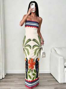 Vestido elegante con estampado floral sin tirantes y ajustado, adecuado para vacaciones - Multicolor - Ver 3