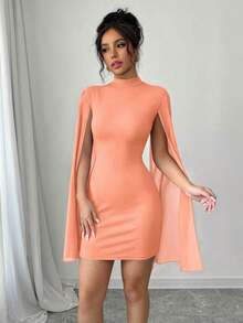 Vestido de capa ajustada con cuello mao de unicolor - Naranja - Ver 3