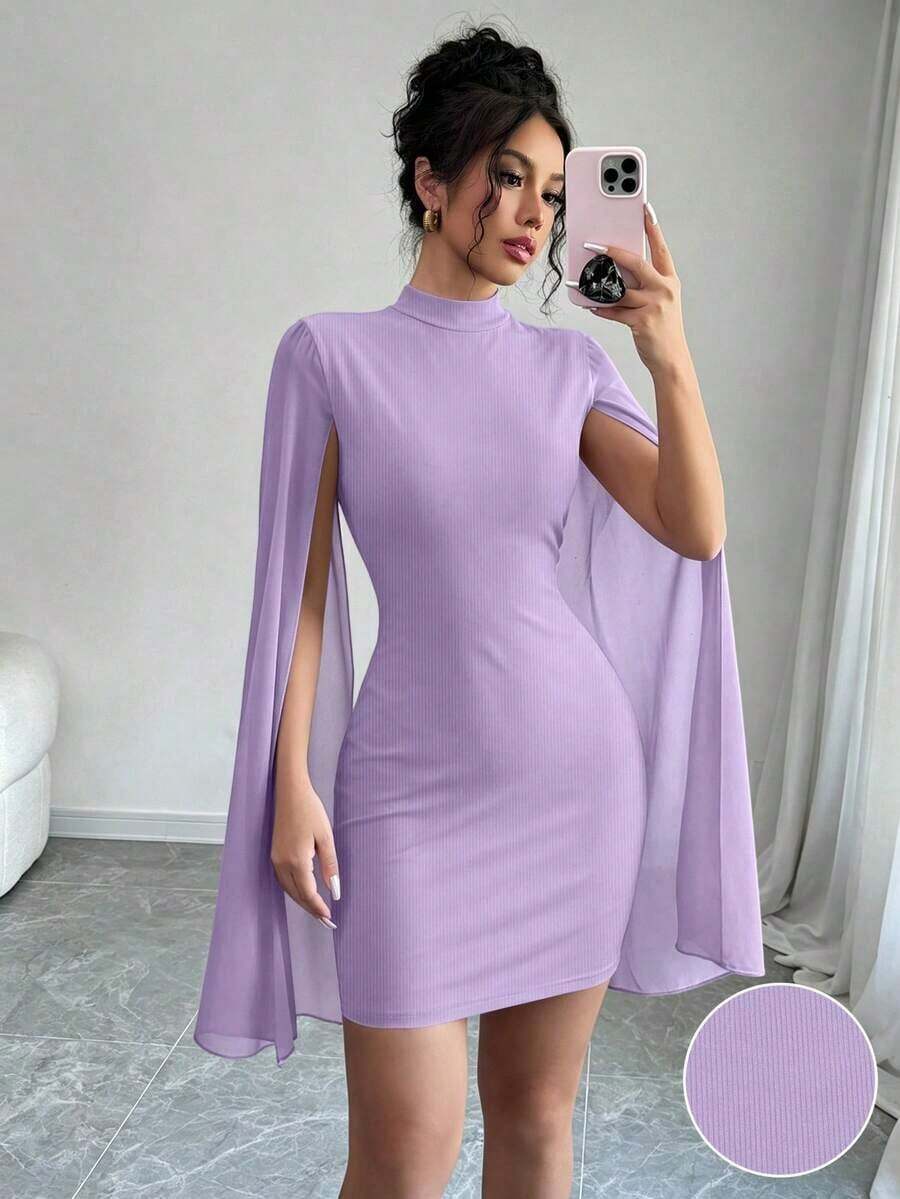Vestido de capa ajustada con cuello mao de unicolor - Morado - Ver 1