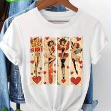 Womens Round Neck Short Sleeve Cotton Casual Regular Length TShirt with Valentine's Day Fairy Design - Blanco - Ver 1