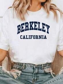 T Shirt Print ,Graphic-Cotton Tees Size Plus, Cartoon Round Neck Short Sleeve, Berkeley - California - Throwback Design - Classic T-ShirtShort Sleeve Round Neck Casual Top For Summer & Spring, Women's Clothing ,Y2K,Oversized Shirt Women,With Shirt,Summer Tops,Shirt Suitable - trắng - Xem 7