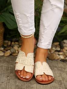 Women's White Jacquard Fabric Flat Slide Sandals, Open Toe Slip-On Casual Slippers, Non-Slip Soft Sole Summer Beach & Daily Wear - Beige - View 7