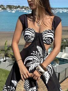 Falda larga elegante de estilo bohemio para mujer, color albaricoque, cuello ancho, diseño acampanado - Negro - Ver 6