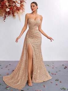 Elisanya Vestido de manga larga con cuello de corazón de malla con parches de lentejuelas, cintura alta y abertura lateral, elegante para baile, fiesta y noche - Champán - Ver 5