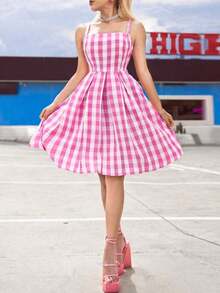 Vestido de tirantes plisado con estampado floral elegante para mujer, para verano - Rosa - Ver 1