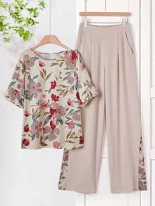 Conjunto informal de 2 piezas de camisa con estampado de plantas tropicales y pantalones de pierna ancha para mujer - Multicolor - Ver 6